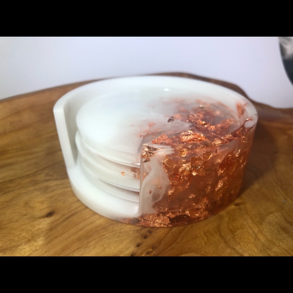 Copper/Rose Gold & White Coaster Set With Holder - Picture 13 of 14